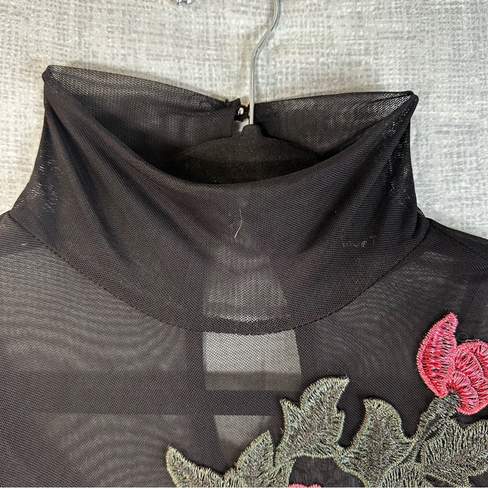 Love J Black Mesh Mini Dress Long Sleeve Pink Rose Embroidery Mock Neck Small - Picture 5 of 16